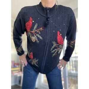 TIARA INTERNATIONAL Cardinal CHRISTMAS COLLECTION SWEATER Birds Sequin M